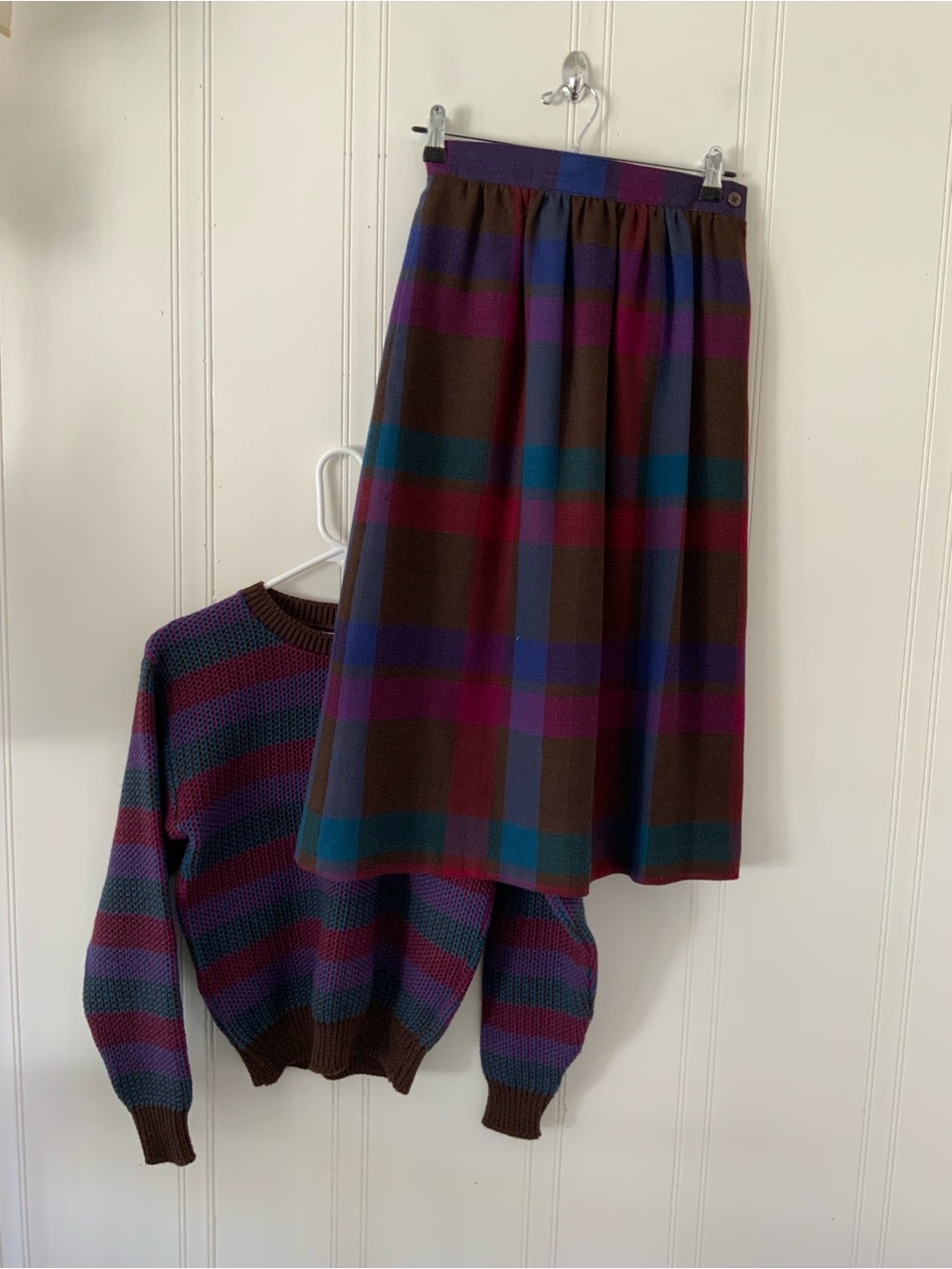 Brown Knit Skirt Set with Teal and Plum Stripes